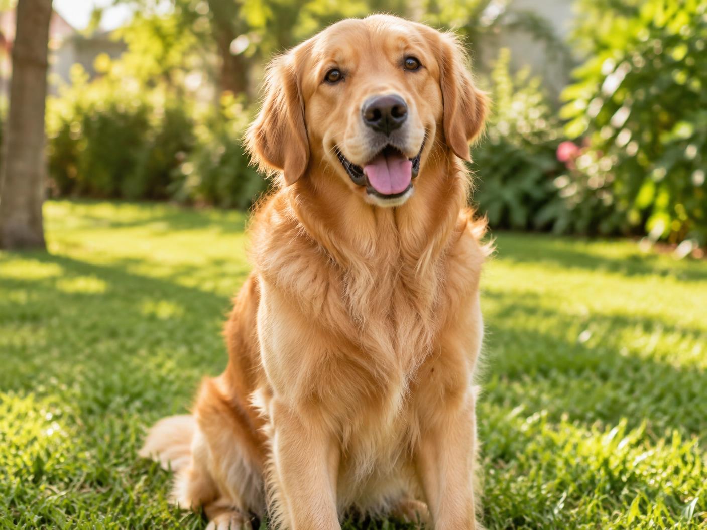 Golden Retriever sentado na grama em um dia ensolarado, olhando para a câmera com expressão amigável