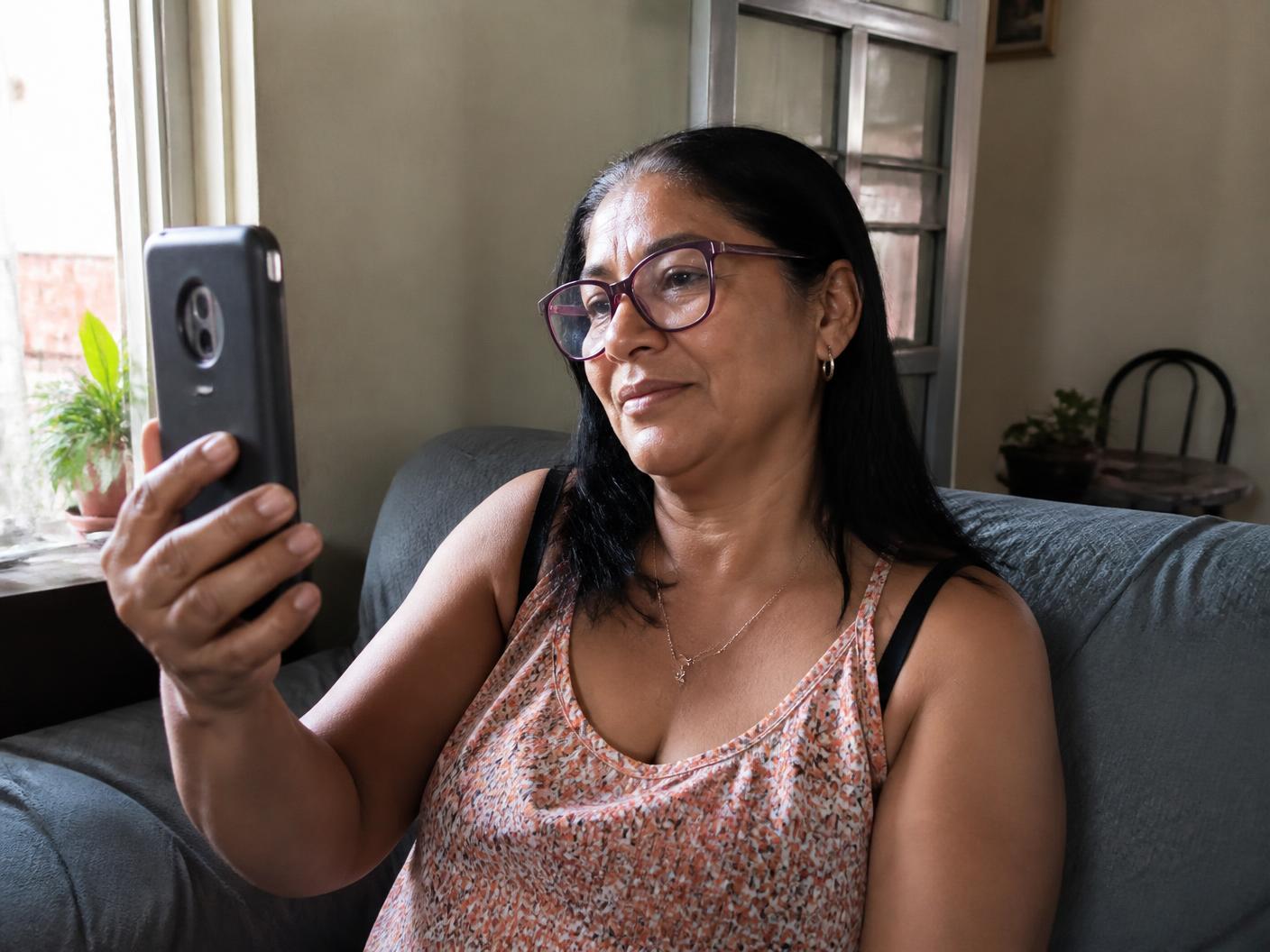 Moradora em casa, no sofá, durante um atendimento por videochamada no celular